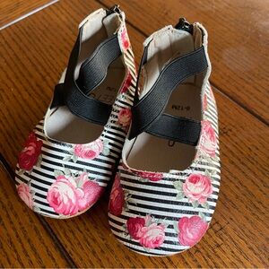 Monkey Feet Ballet Flats Black and White Stripe with Rose Flowers 6-12 Months